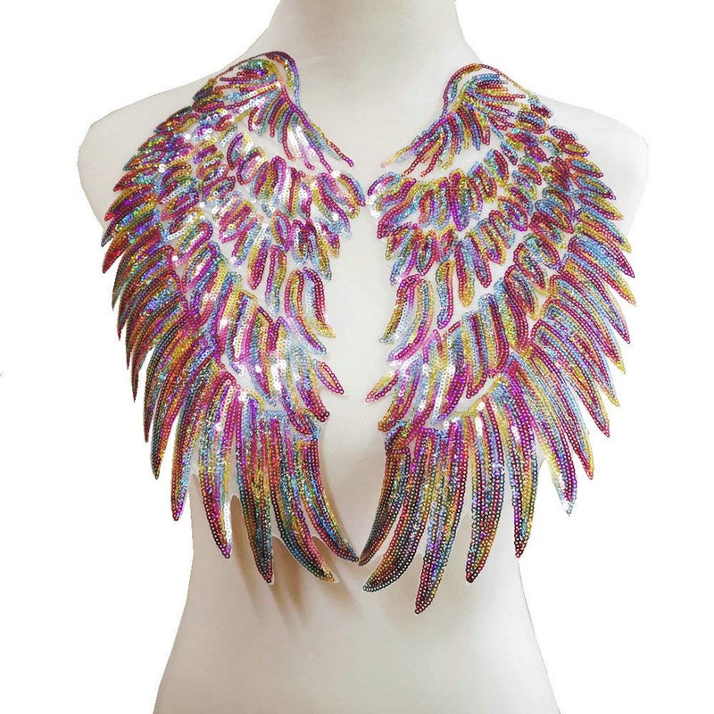 FEEPOP 1 Pair Tuba Fashion Dazzling Angel Wings Sequins Patches for Clothing Iron-on Embroidered Patch Motif Applique DIY Xmas Accessories(11X12 in) - Image 1